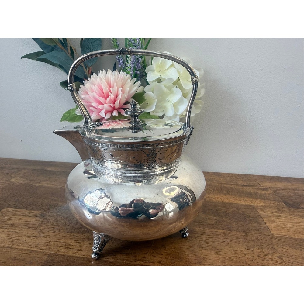 Vintage Victorian Silver Plated Spirit‎ Kettle Tripod Feet Ornate Tea Pot Lid